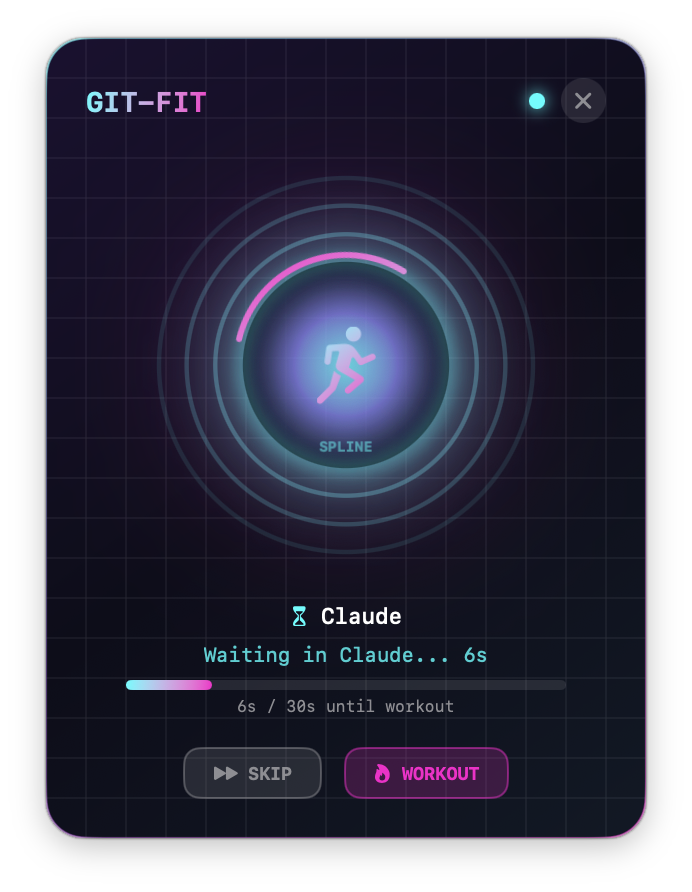 Git-Fit app showing 'Waiting in Claude... 6s' with a countdown to workout